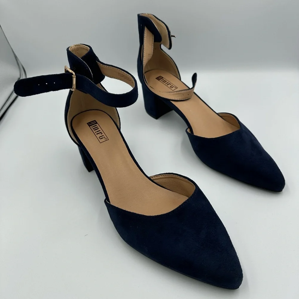 Navy Blue Block Heel Dress Shoes | Ankle Strap Heels | Size 11